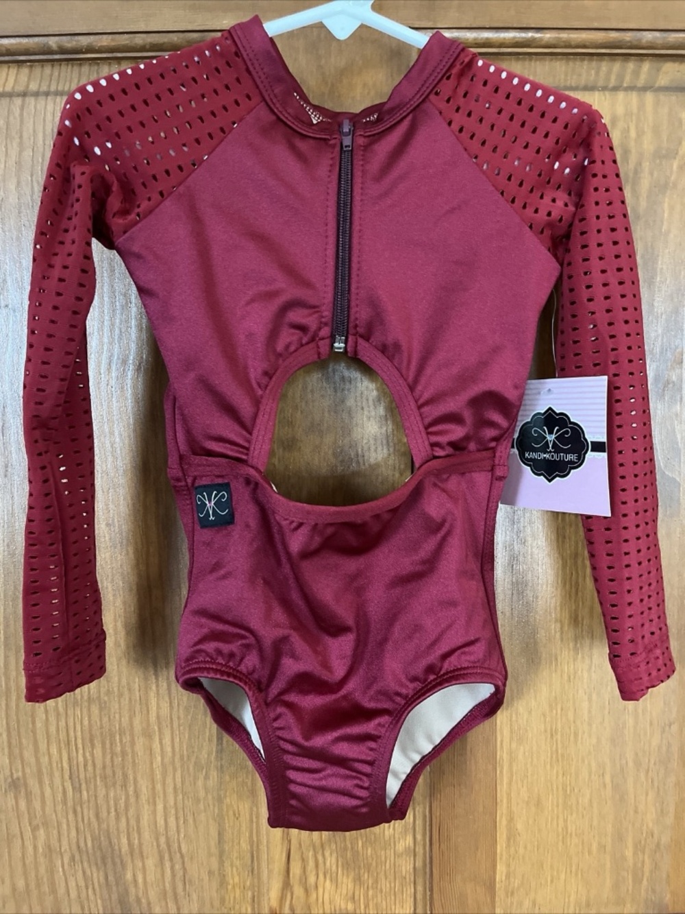 Kandi Couture Cutout Texture Long Sleeve Leotard Girls S Burgundy Maroon NWT